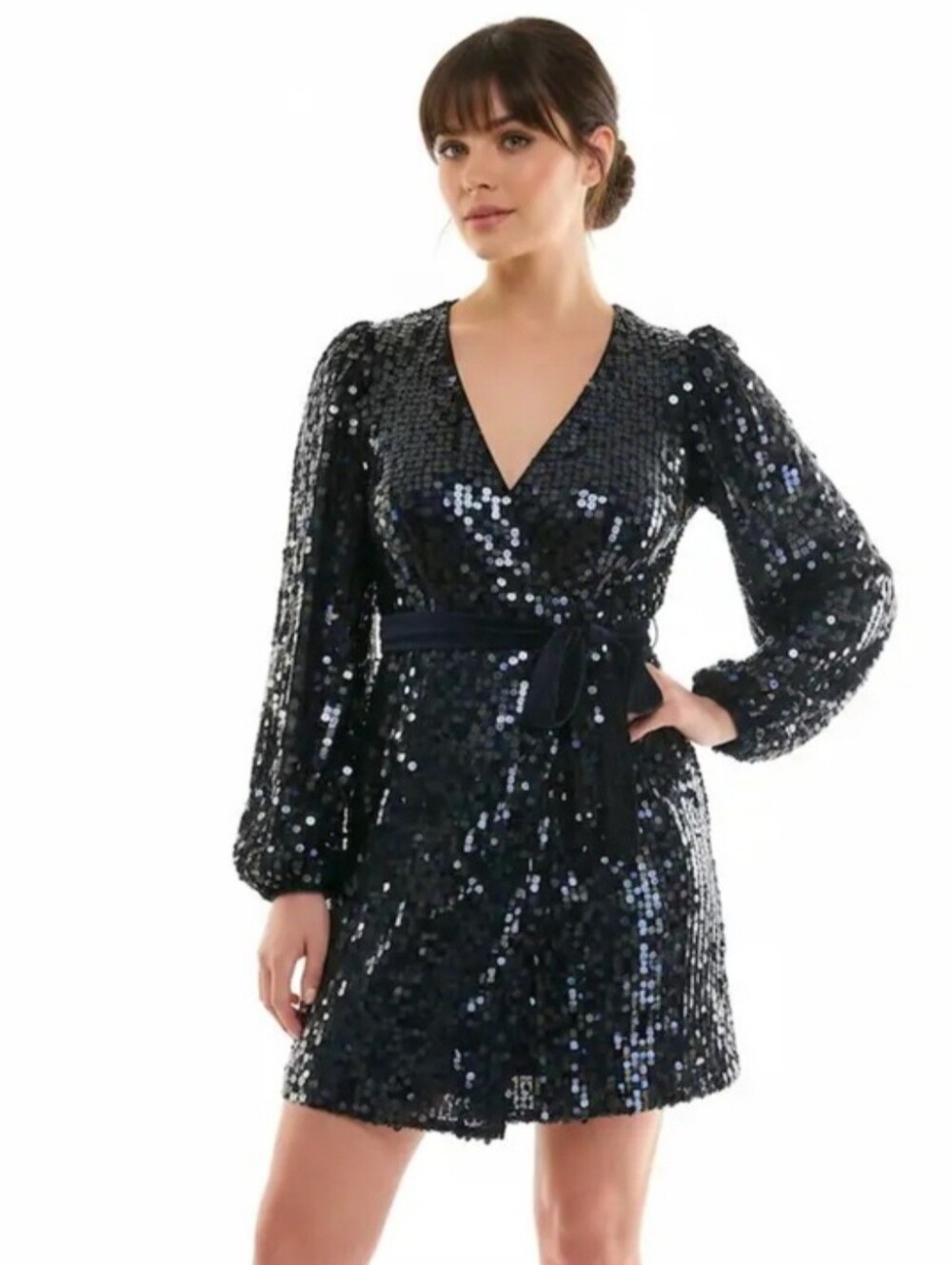 NWT Nanette Lepore Dark Navy Blue Sequin Belted Wrap Dress size 14